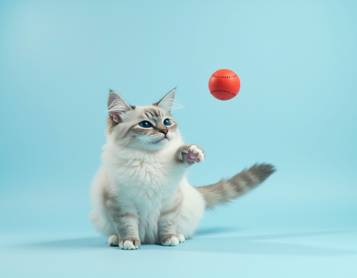 Playful studio photo of cat interacting with a bright red ball. The cat is mid-action with its paw raised, and the pastel blue background and balanced lighting create a cheerful, vibrant atmosphere that highlights the cat’s agility and energy.